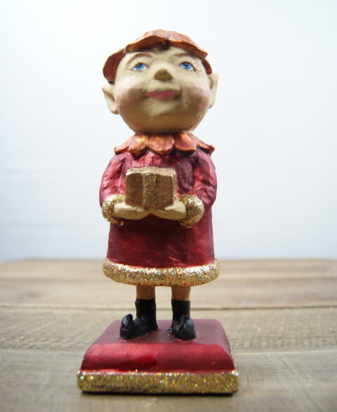 Christmas Elf holding gift Satin Red with glits
