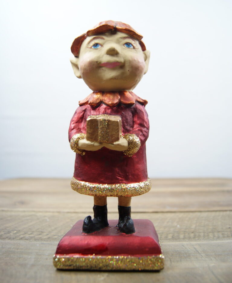 Christmas Elf holding gift Satin Red with glits