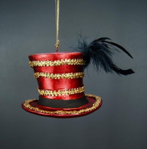 Hat Orn satin red gold ribbon design w/ feathers