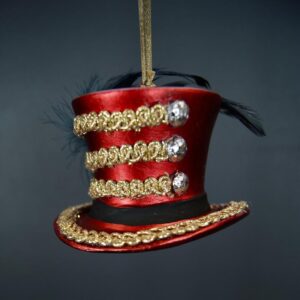 Hat Orn satin red gold curly ribbon design w/ feathers