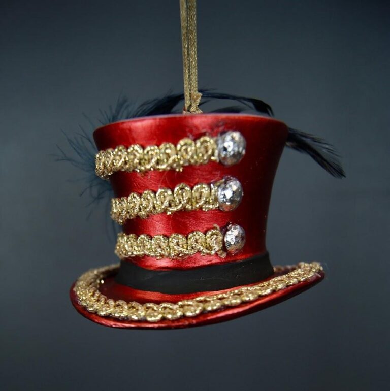 Hat Orn satin red gold curly ribbon design w/ feathers