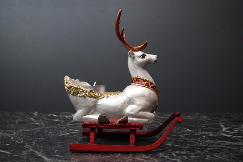 Reindeer Tealight on Sled Pearl White and Satin Red Sled