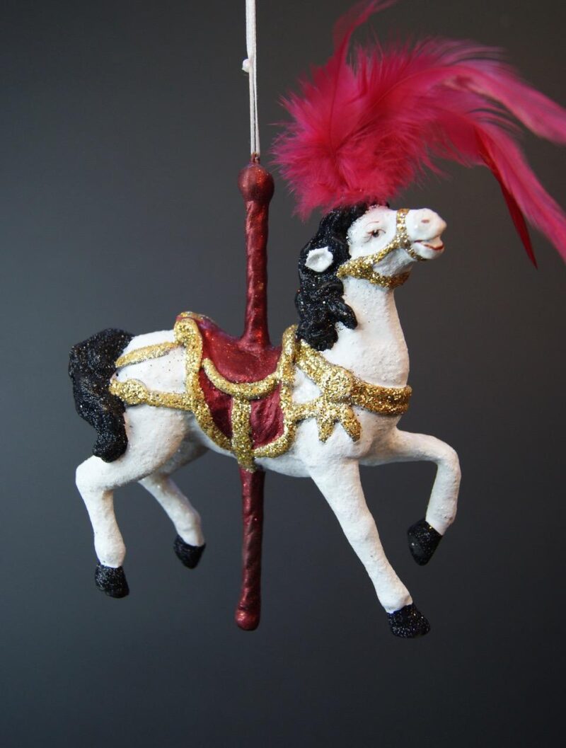 Carousel Horse Orn Feath on Head Sat Red and White