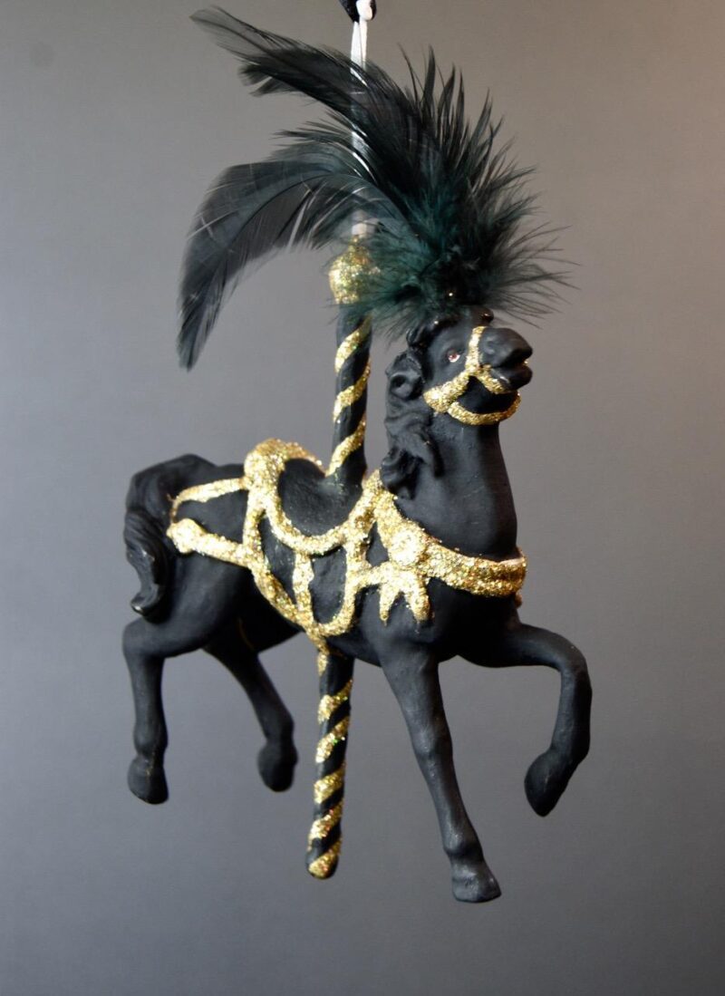 Carousel Horse Orn Feath on Head Black and Gold glits
