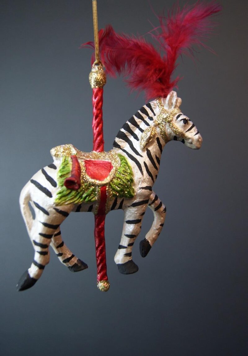 Zebra Carousel Ornament Red Rod and Feathers