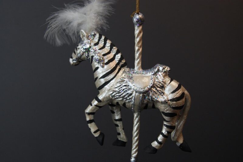 Zebra Carousel Ornament White Rod and Feathers