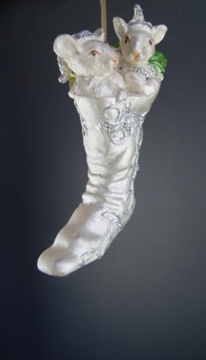 Mouse in socks orn Pearl White w/ glits