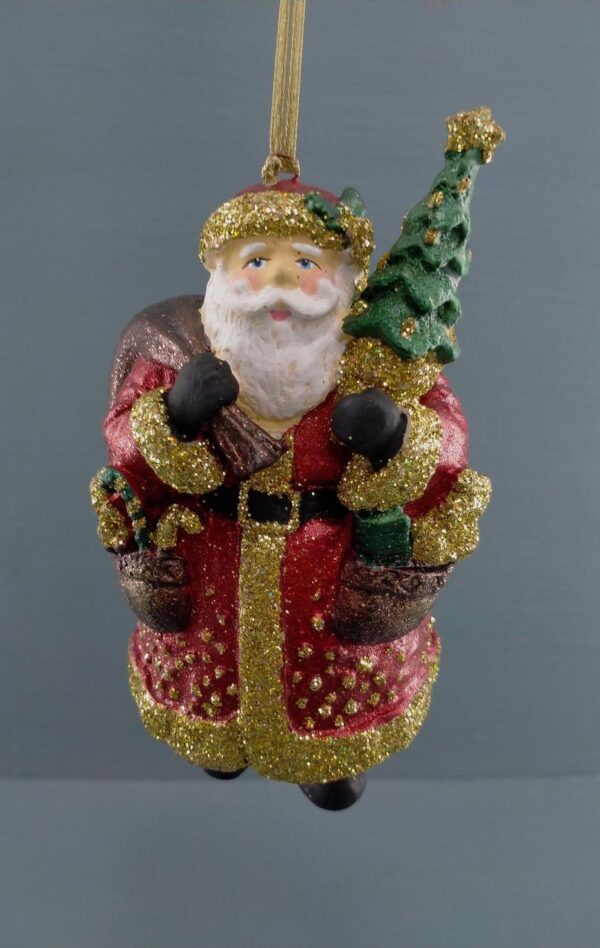 Standing Santa holding tree & bag gold glits details