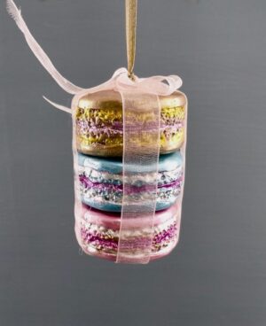 Triple metalic macrons with white ribbon tie