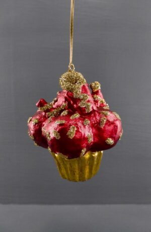 Cupcake orn satin red w/ gold glits details