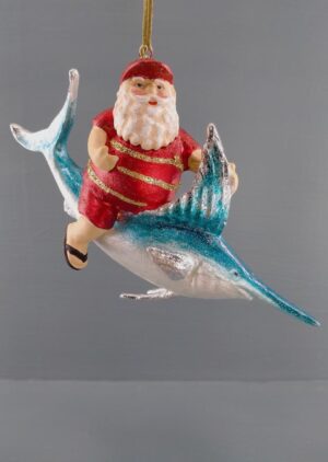 Santa riding on pearlized swordfish