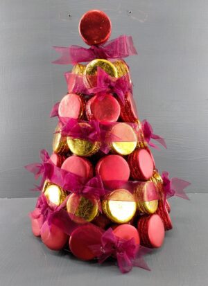 Macarons tree gold & satin red w/ ribbon