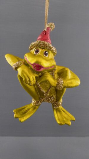 Sitting frog lime green & gold glits details