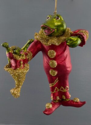 Frog holding tadpole satin red/green w/ gold glits
