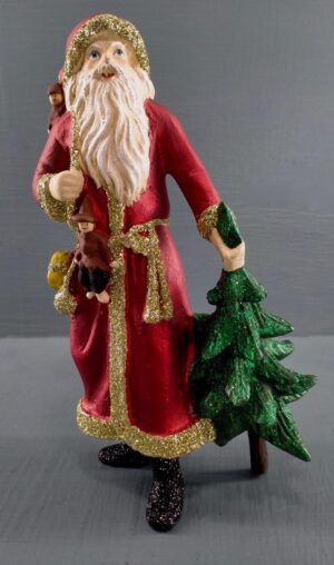 Standing santa holding tree Satin red w/ glits