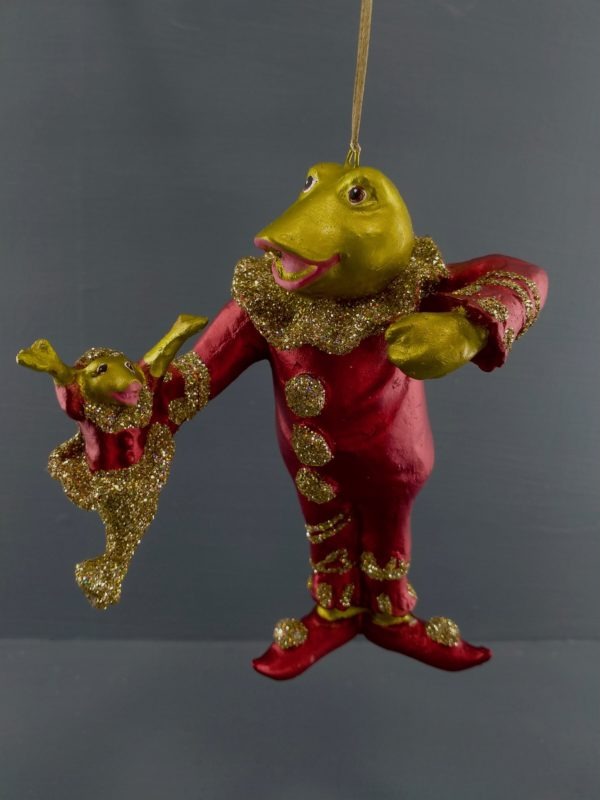 Frog holding tadpole satin red/lime w/ gold glits