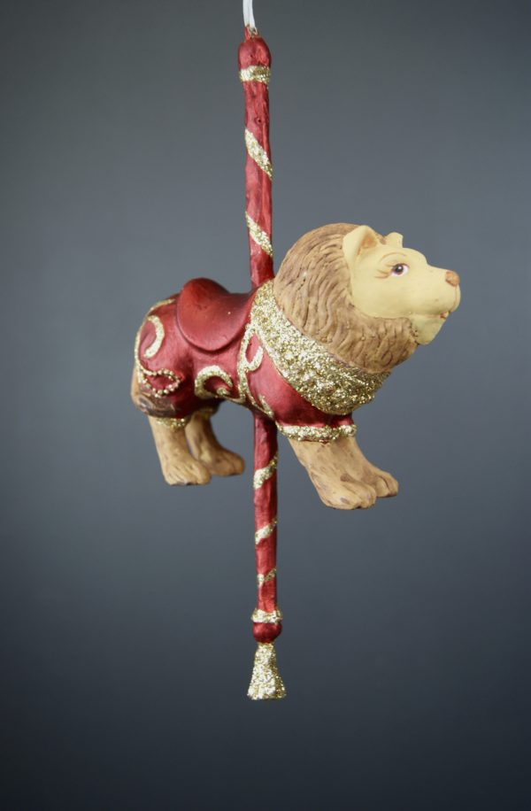 Lion carousel orn sat red w/ gold
