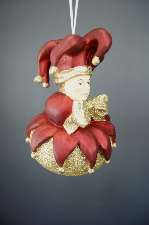 Jester ball orn sat red & gold glits