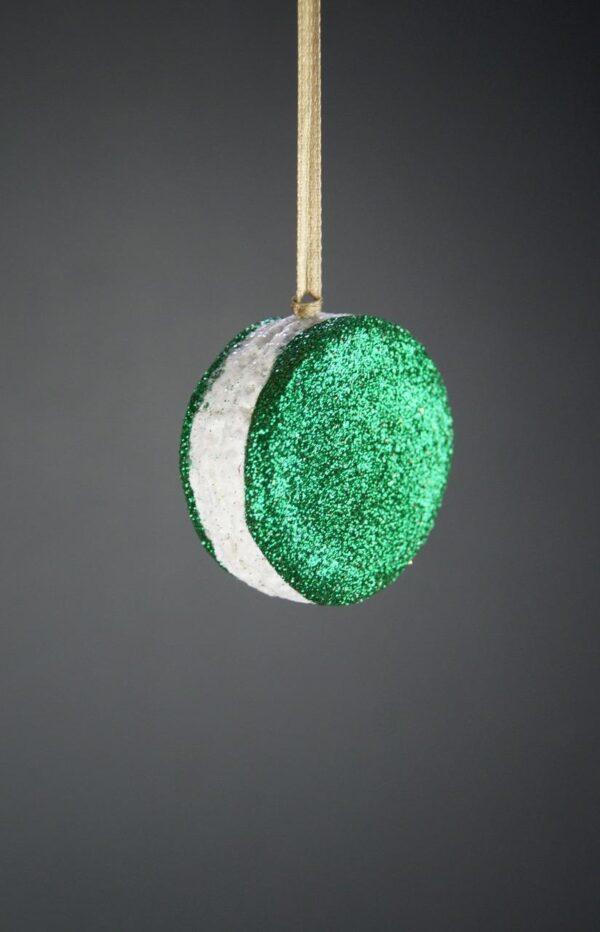 Macrons orn green glits w/ white details