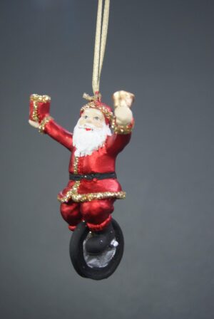 Uni cycling Tiny Santa holding gift & bell satin red