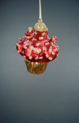 Cupcake orn satin red w/ gold glits details