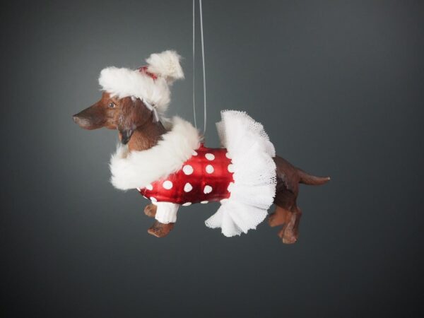 Dachshund orn satin red dots  fur