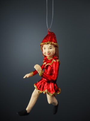 Lady elf orn in satin red dress & gold glits