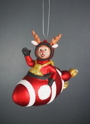 Deer on rocket ship satin red/white