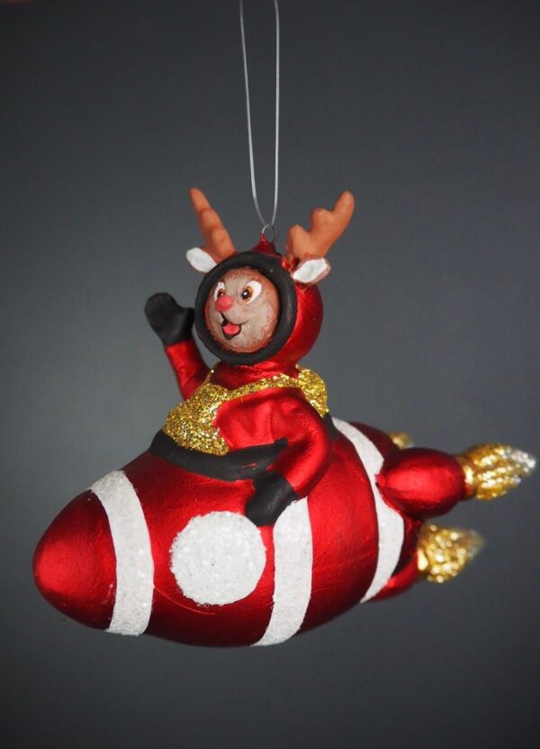 Deer on rocket ship satin red/white - Image 2