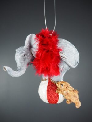 Elephant orn white & red w/ red feath