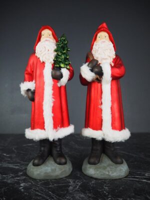 Standing Santa holding tree & bag a/2 in satin red w/ fur co