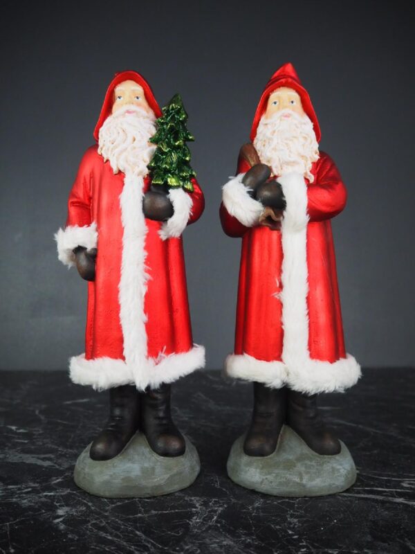Standing Santa holding tree & bag a/2 in satin red w/ fur co