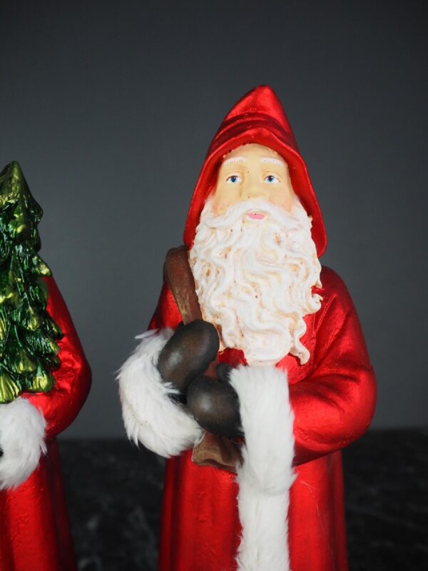 Standing Santa holding tree & bag a/2 in satin red w/ fur co - Image 3