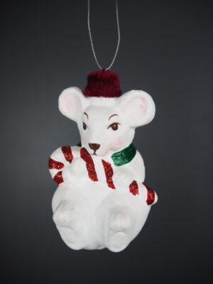 White mouse hugging candy cane w/ red velvet hat