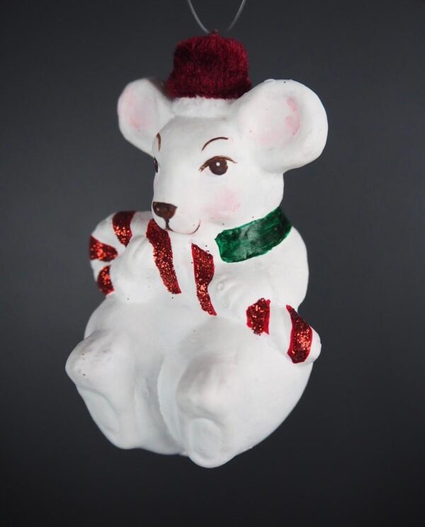 White mouse hugging candy cane w/ red velvet hat - Image 2
