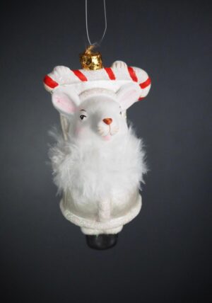 White mice holding candy cane with white feather nckpc