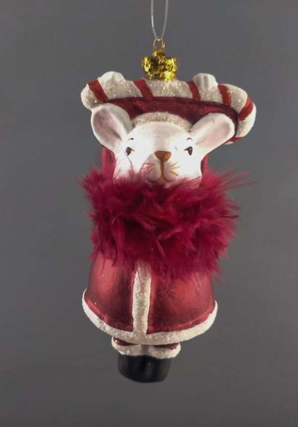 White mice holding candy cane with red feather nckpc & satin