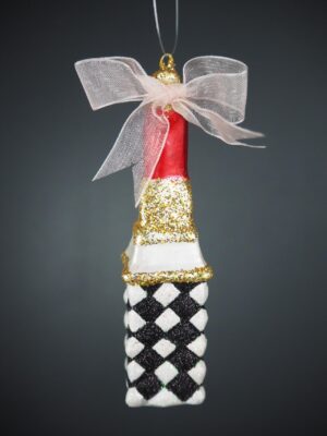 Lipstick orn with black white glits checkered & pink ribbon