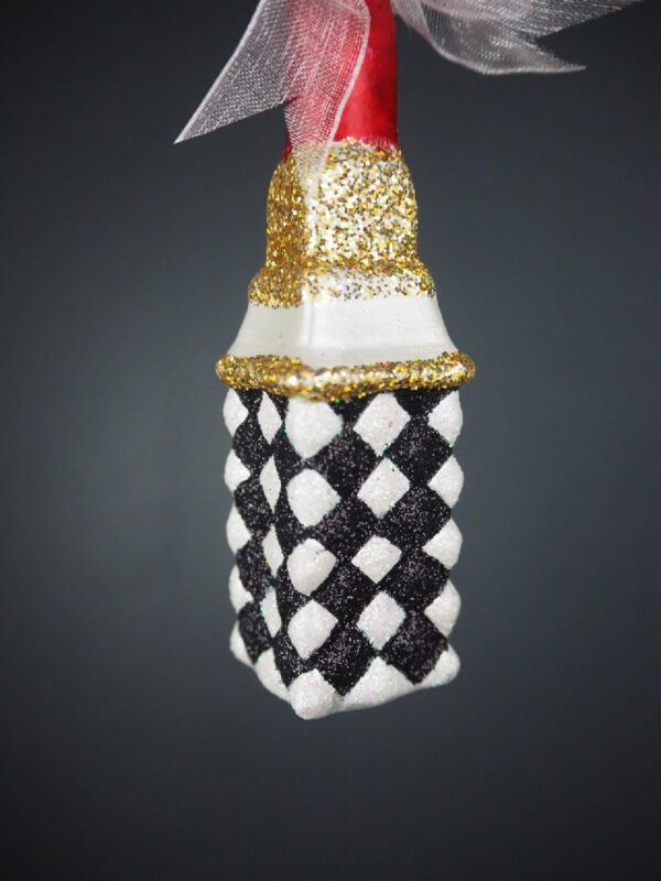 Lipstick orn with black white glits checkered & pink ribbon - Image 2