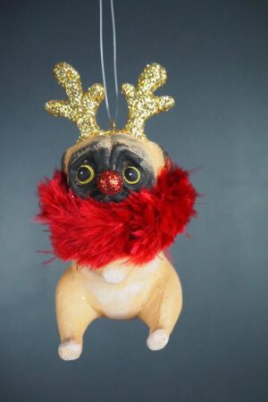 Christmas pug in gold w/ feather