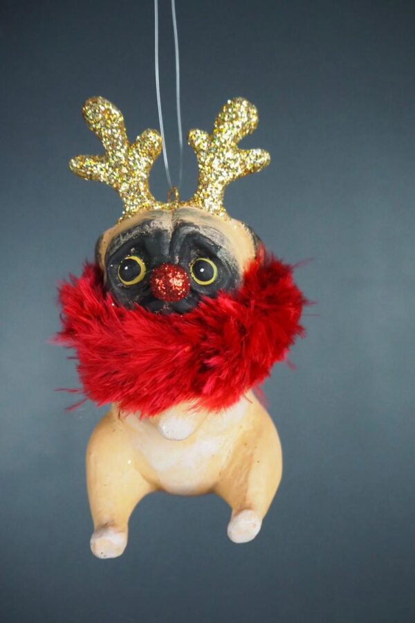 Christmas pug in gold w/ feather