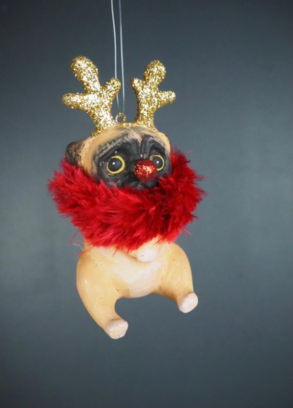 Christmas pug in gold w/ feather - Image 2
