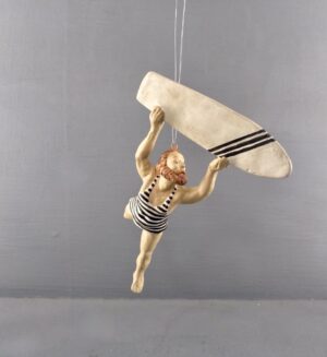 Beach Boy w/ surfboard in blk/white stripes swimsuit