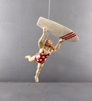 Beach Boy w/ surfboard in red/white polka swimsuit