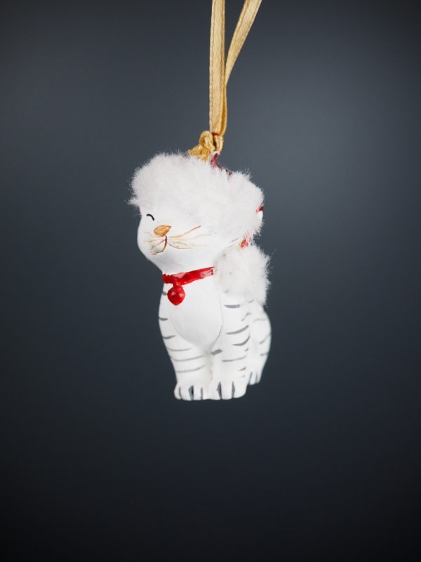 Cutie cat in white w/ red bell & fur orn - Image 2