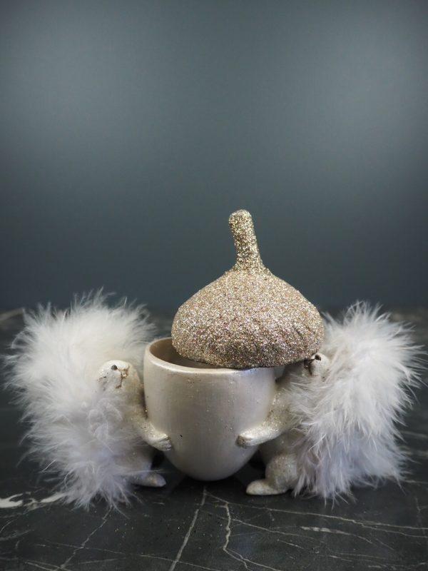 Squirel in pearlwhite hugging white acorn cup w/ feather tail - Image 2
