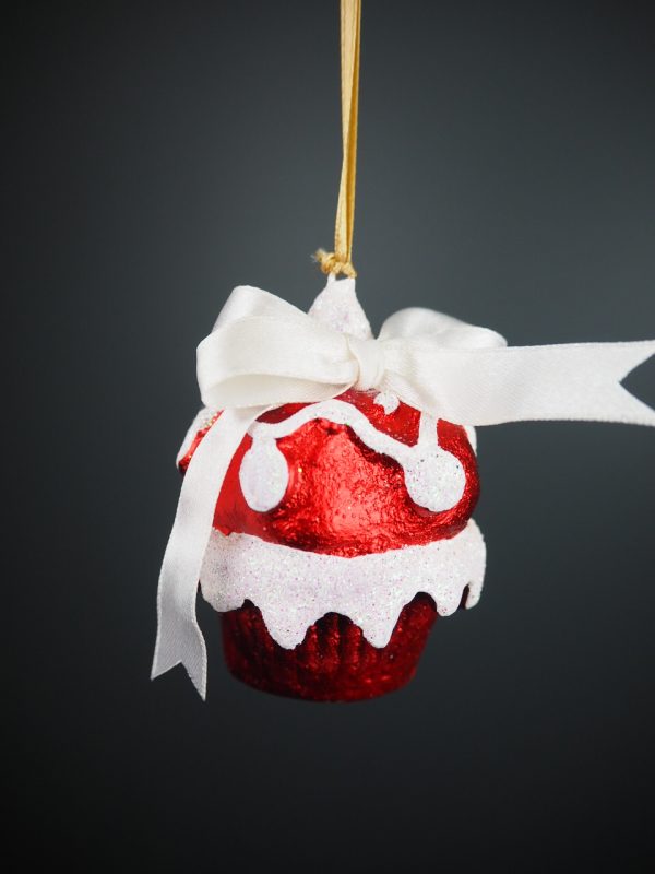 Dotted cupcake orn in satin red & white glits w/ bow orn - Image 2