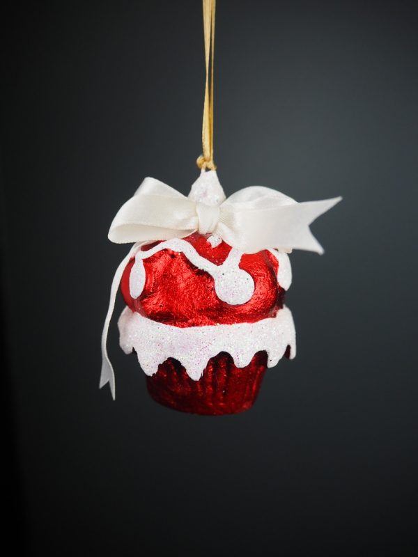 Dotted cupcake orn in satin red & white glits w/ bow orn - Image 3