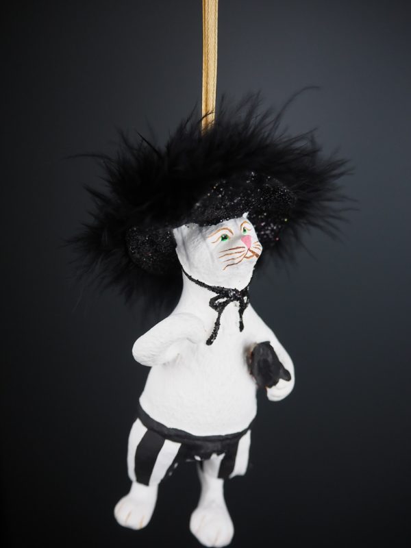 Cat with big hat in white fin w/ blk feather orn - Image 2