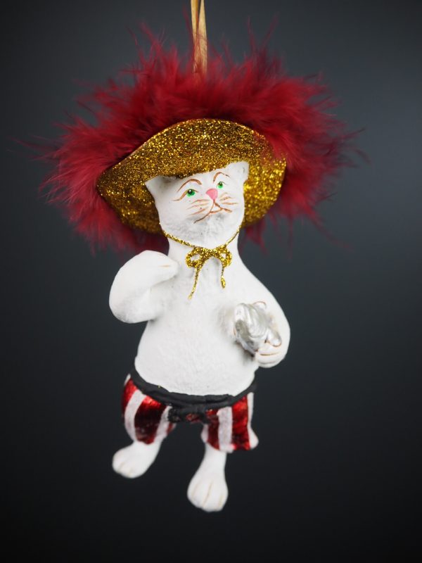 Cat with big hat in white fin w/ red feather orn - Image 2
